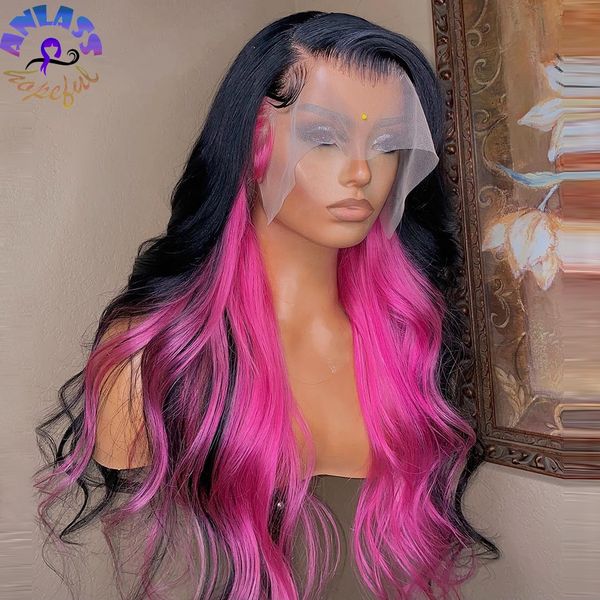 

180 Density Pink Highlight with Black Body Wave Wig Brazilian Wigs Pre Plucked 13x4 Lace Frontal Wig Synthetic Hair Transparent Lace, Lace front wig