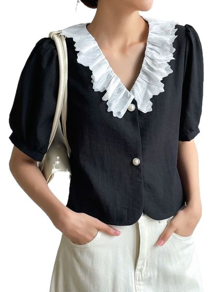 

dazy contrast ruffle neck button front blouse w8fs#, White