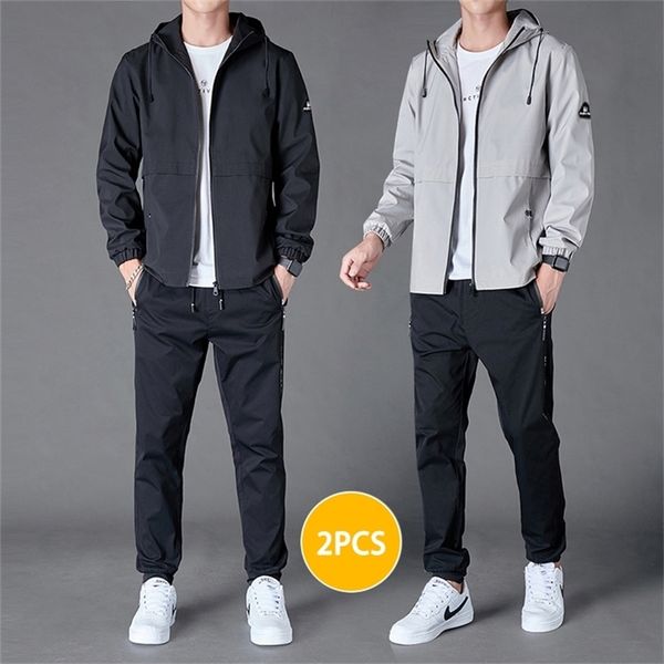 

mens two pieces set hooded jacket and pants set autumn men tracksuit fashion sportswear solid color casual male sports suit 220803, Gray