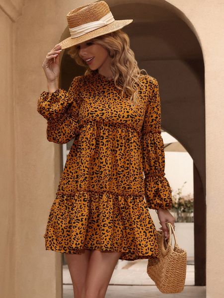 

frill trim leopard smock dress h7og#, Black;gray