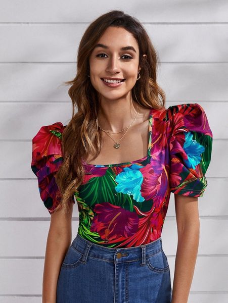 

tropical print puff sleeve j9ji#, White