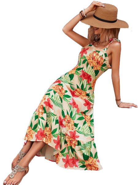 

floral print ruffle hem cami dress 7062#, Black;gray