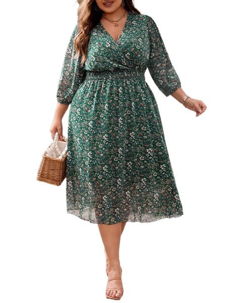 

plus ditsy floral shirred waist dress u17e#, Black