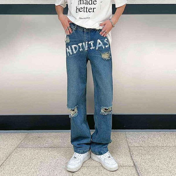 

painted hole letter ripped straight jeans men and women harajuku retro pockets patchwork casual loose denim trousers t220803, Blue