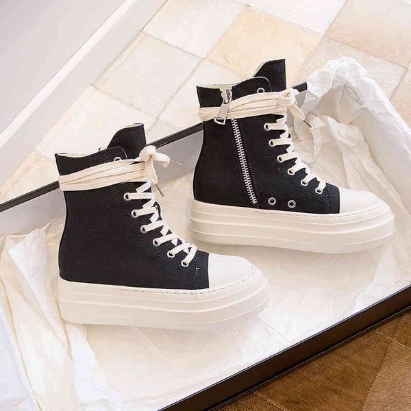 

dress shoes ro thick soled high shoes women's side zipper canvas lace up increased leisure sports student muffin 255k, Black