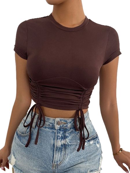 

drawstring ruched rib knit crop tee y9zb#, White