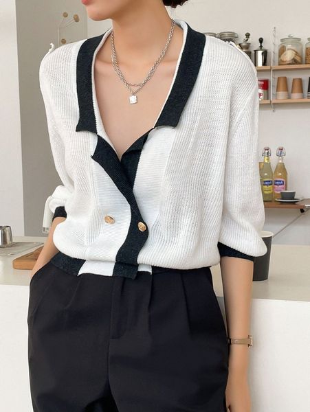 

dazy contrast trim double button cardigan y3x2#, White;black