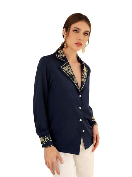 

lapel collar scroll embroidery blouse without gloves b0b6#, White