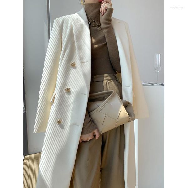 Lã feminina mistura a moda coreana Long Long Long Women Women Casual Office Lady Lady Elegant Glitter Metal Button Up Collowed Jacket Bery