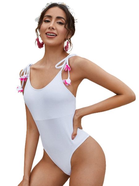 

a.ppliques detail tie shoulder o.ne p.iece swimsuit 08zt#, White;black