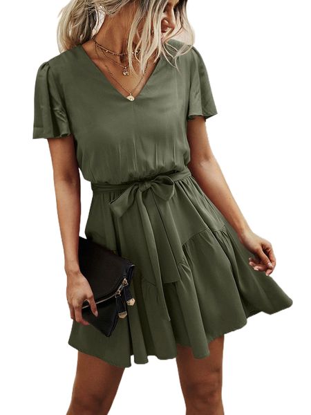 

butterfly sleeve ruffle hem belted dress 27eq#, Black;gray