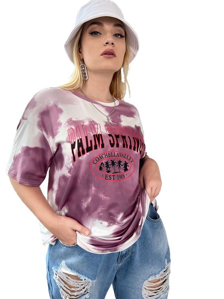

plus tie dye letter & tropical print drop shoulder tee 42hy#, Black