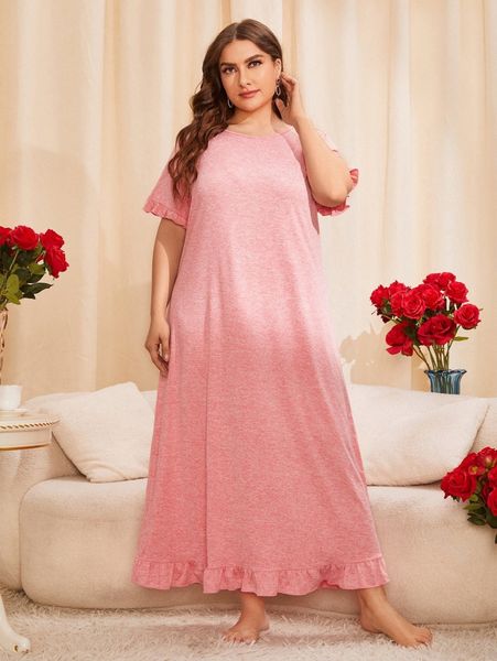 

plus space dye ruffle trim sleep dress 64xh#, Black;white