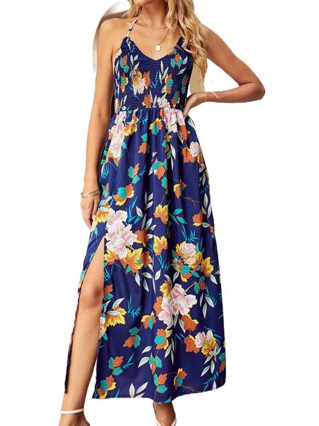 

floral print shirred tie backless split thigh halter dress 42r4#, Black;gray