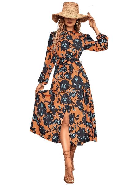 

floral print belted shirt dress u93s#, Black;gray