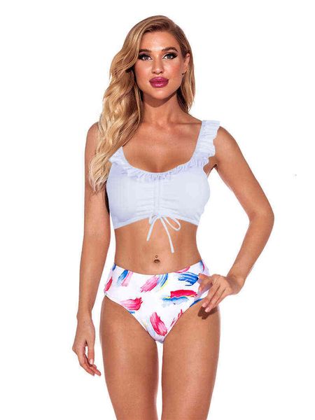 

women's split swimsuit drawstring stripe printed bikini swimsuit, White;black