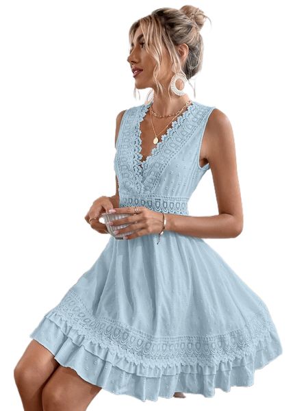 

a-line contrast lace tie back ruffle hem dress l5lc#, Black;gray