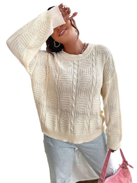 

plus cable knit drop shoulder sweater x9ik#, Black