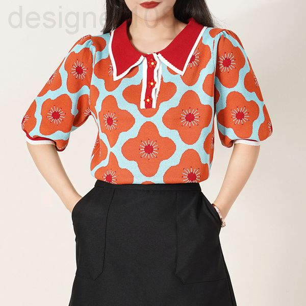 

women's knits & tees designer []summer new flower knitting short sleeve ice silk thin polo lapel bubble blouse women qbh2, White
