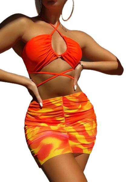 

allover p.rint b.ikini swimsuit with beach s.kirt k11z#, White;black