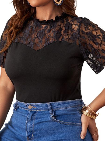 

plus contrast lace frill trim tee 63xh#, Black