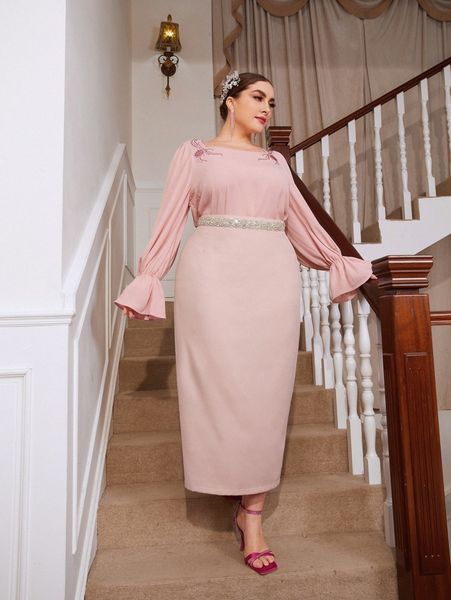 

plus rhinestone detail flounce sleeve & skirt without belt v4td#, Black