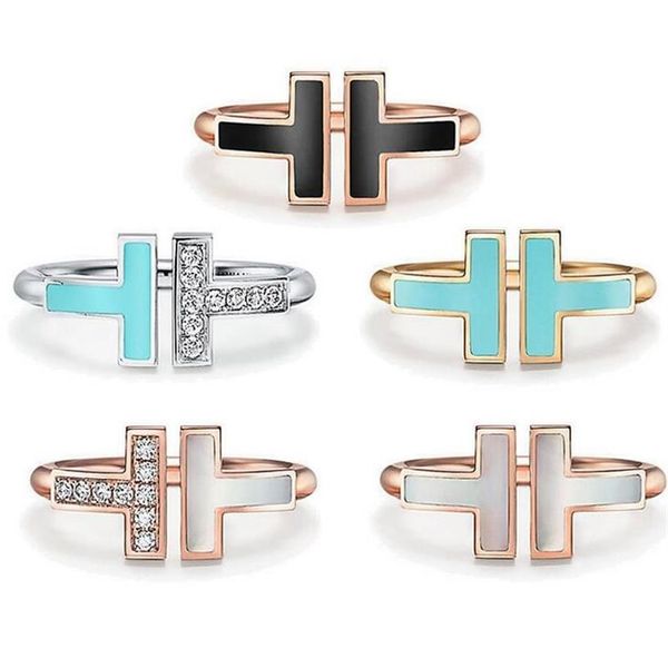 

fashion designer t letter 925 silver alloy open band rings brand classic mother-of-pearl double t ring for women wedding party jew270s, Golden;silver
