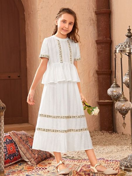 

girls contrast plant trim peplum & skirt she, White