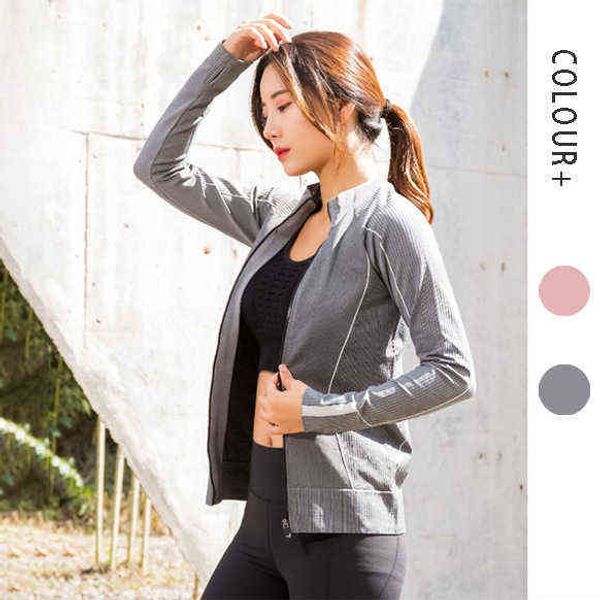 

autumn women's sports running fitness yoga jacket zipper sweater with finger stand collar slim, Gray