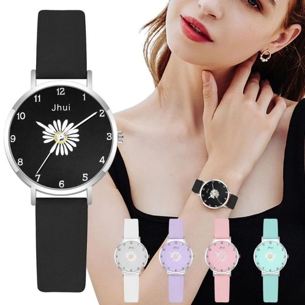 Armbanduhren Frauen Elegante Einfache Gänseblümchen Muster Quarzuhr Mode Lässig Gilrs' Leder Uhr Damen Kleid Armbanduhr Relogio Feminin