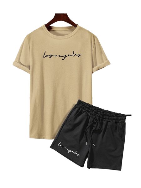 

men letter graphic tee & shorts r1sh#, Gray