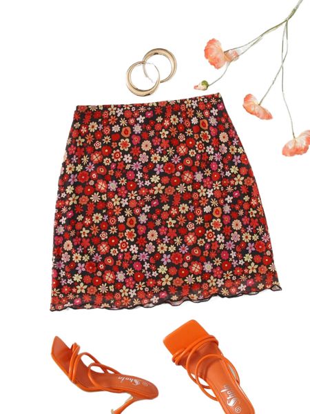 

high waist ditsy floral print lettuce trim mesh skirt l0pf#, Black