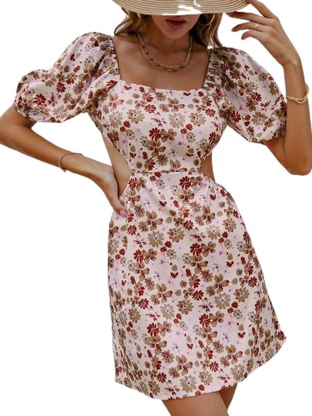 

floral print cut out square neck puff sleeve dress s1bc#, Black;gray