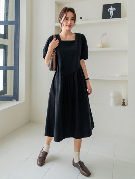 

dazy square neck puff sleeve smock dress q75c#, Black;gray