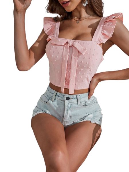 

swiss dot ruffle trim bow front crop c7bw#, White