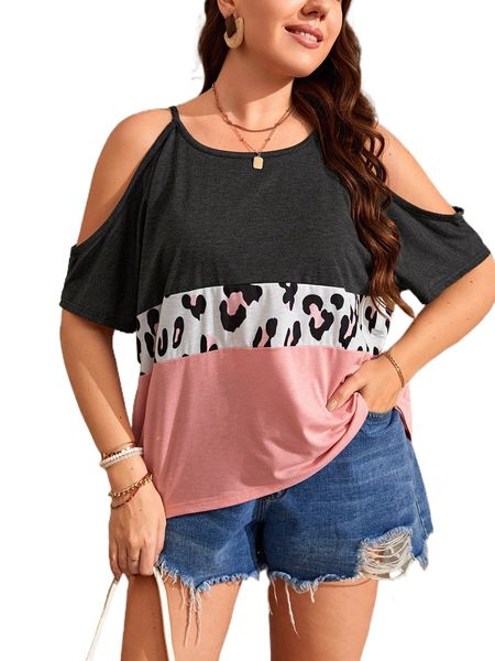 

plus leopard print colorblock cold shoulder tee k3ey#, Black