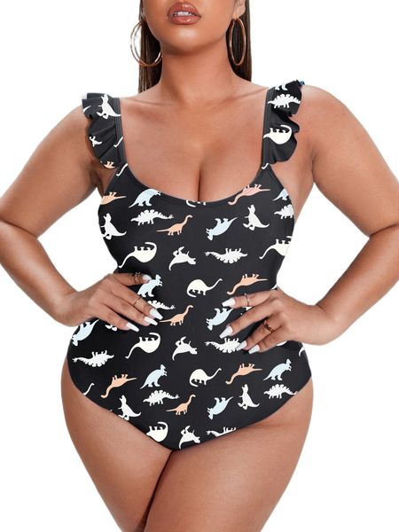 

plus cartoon dinosaur ruffle trim one piece swimsuit s5o8#, White;black