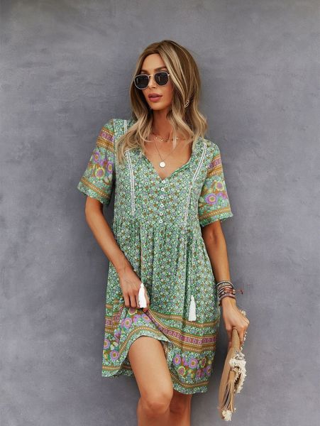 

tie neck floral print smock dress m8r4#, Black;gray