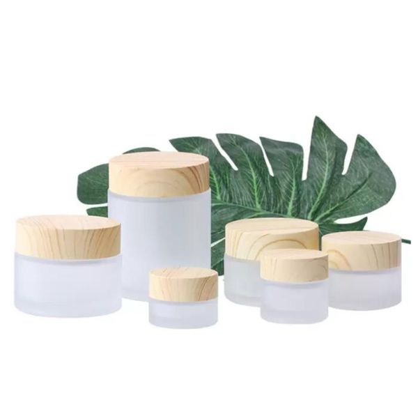 

frosted glass jar cream bottles round cosmetic jars hand face packing bottle 5g 50g jares with wood grain cover