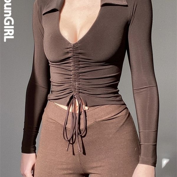 

heyoungirl v neck ruched brown casual crop t shirt autumn long sleeve basic t-shirt women skinny fashion tee shirt femme 220514, White
