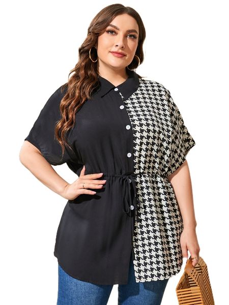 

plus houndstooth print button up drawstring waist blouse q5w0#, Black