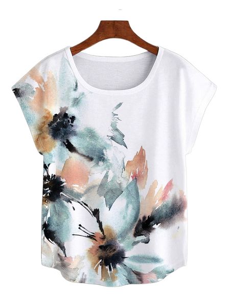 

tie dye batwing sleeve curved hem tee k1yn#, White
