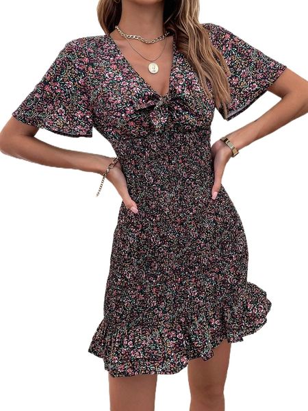 

ditsy floral print knot front shirred ruffle hem dress h7vy#, Black;gray