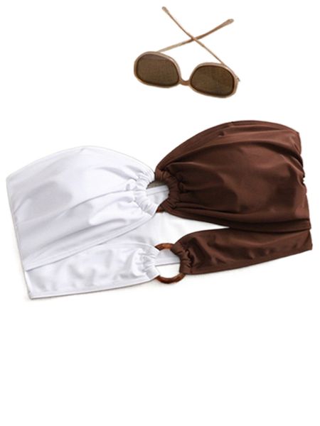 

plus two tone ring linked cut out bandeau bikini n56g#, Black