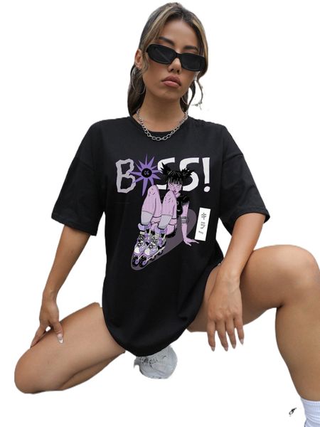 

x jelsie figure & japanese letter graphic drop shoulder tee j70w#, White