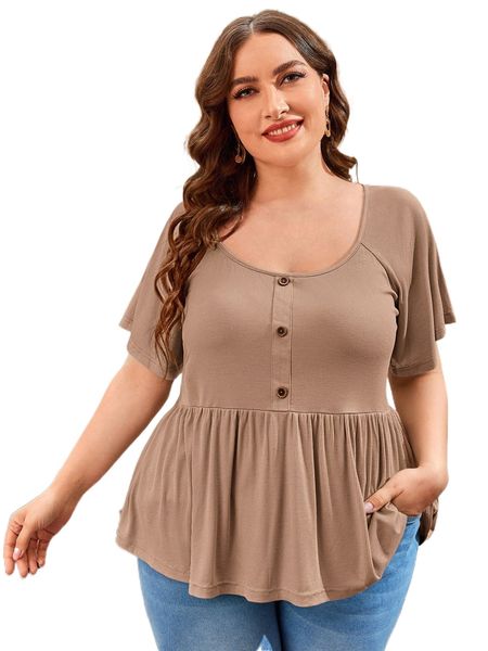 

plus raglan sleeve scoop neck flared hem p6pj#, Black