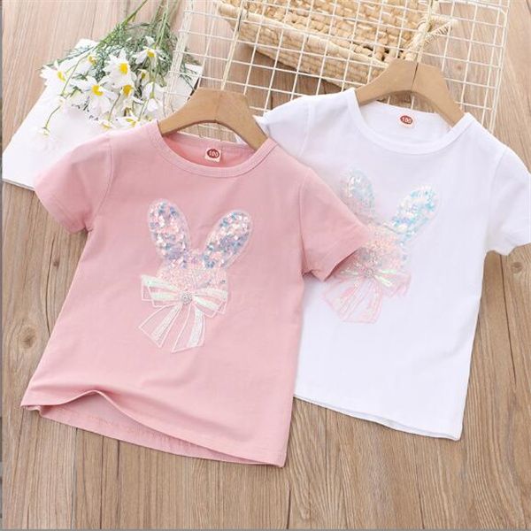 Moda coreana Abbigliamento per bambini T-shirt per ragazze 2022 Estate Nuovo O-Collo a maniche corte T-shirt casual Ragazza Cute Cartoon Bunny Paillettes Top in cotone