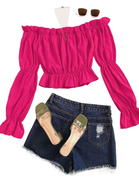 

solid ruffle trim off the shoulder blouse q5hd#, White