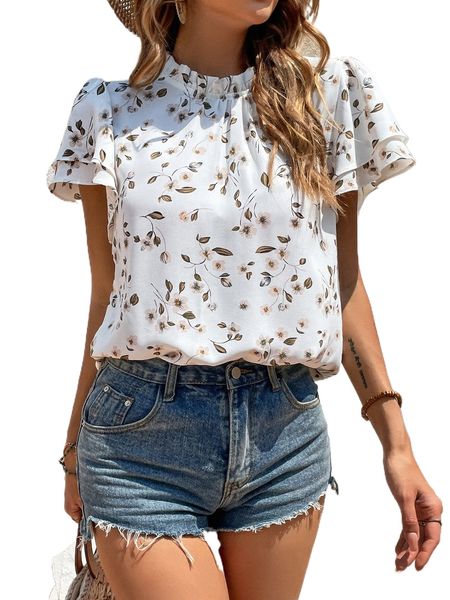 

allover floral print flutter sleeve frilled neck blouse 435y#, White