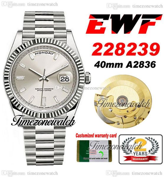 

ewf daydate 40 228239 eta a2836 automatic mens watch fluted bezel silver dial rectangle diamonds stainless steel presidential bracelet timez, Slivery;brown